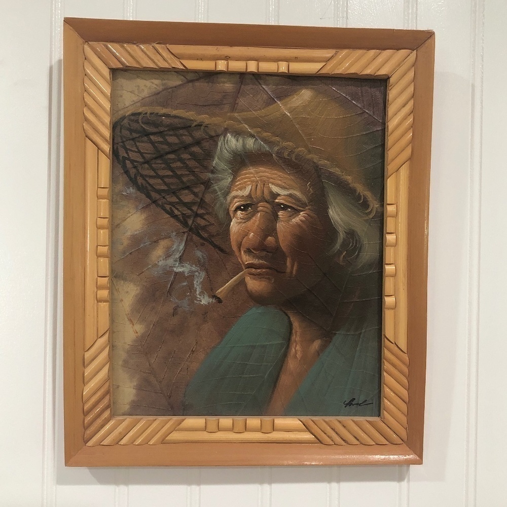 VINTAGE 1960s Tobacco Leaf Oil Painting, Framed and Signed